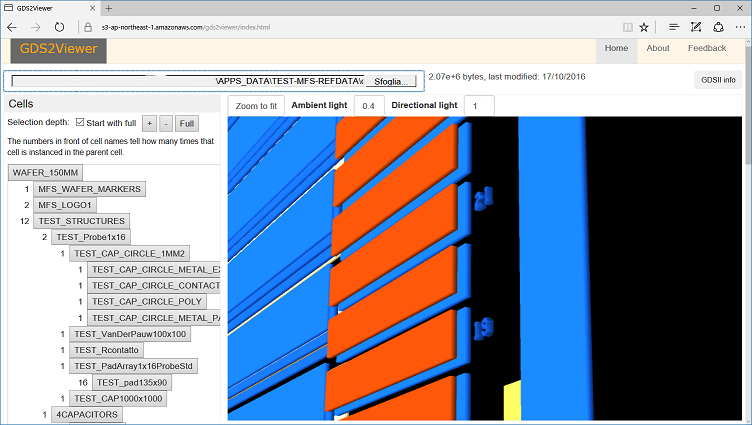 GDS2 Viewer showing a layout in 3D